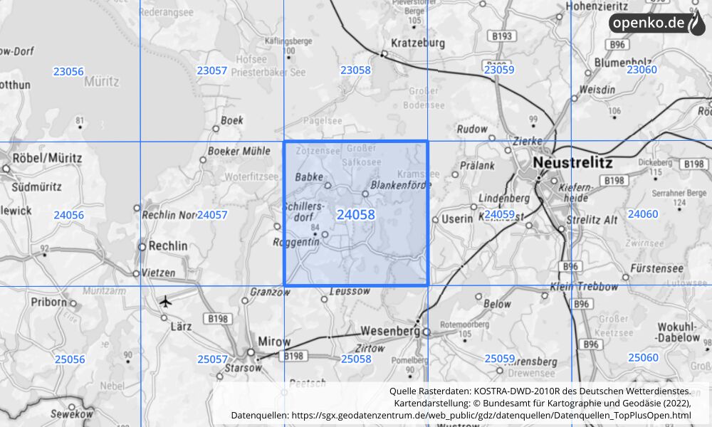 Übersichtskarte KOSTRA-DWD-2010R Rasterfeld Nr. 24058 mit angrenzenden Feldern