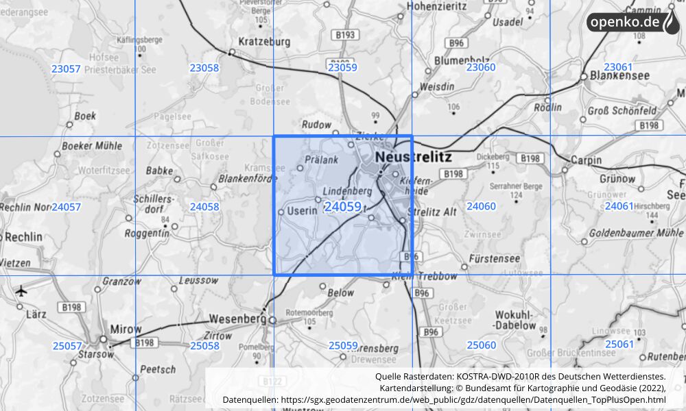 Übersichtskarte KOSTRA-DWD-2010R Rasterfeld Nr. 24059 mit angrenzenden Feldern