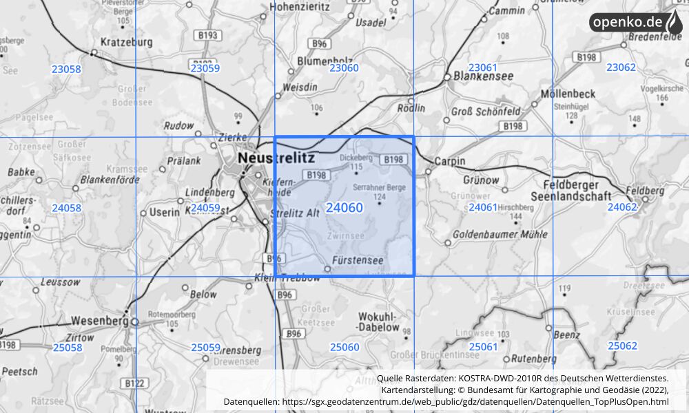 Übersichtskarte KOSTRA-DWD-2010R Rasterfeld Nr. 24060 mit angrenzenden Feldern