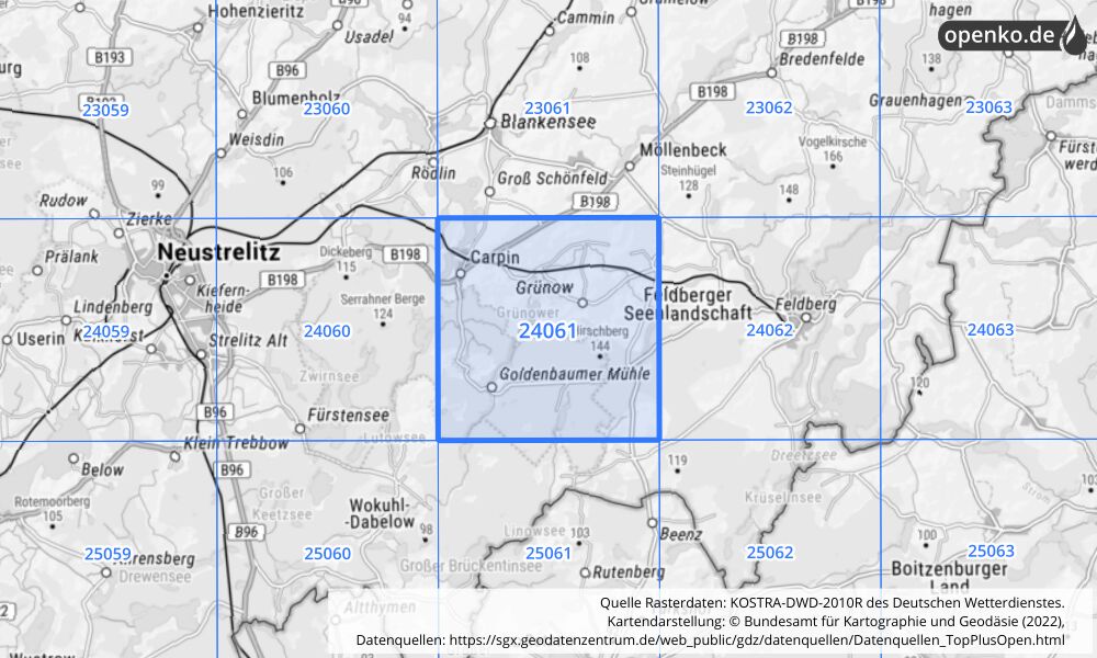 Übersichtskarte KOSTRA-DWD-2010R Rasterfeld Nr. 24061 mit angrenzenden Feldern