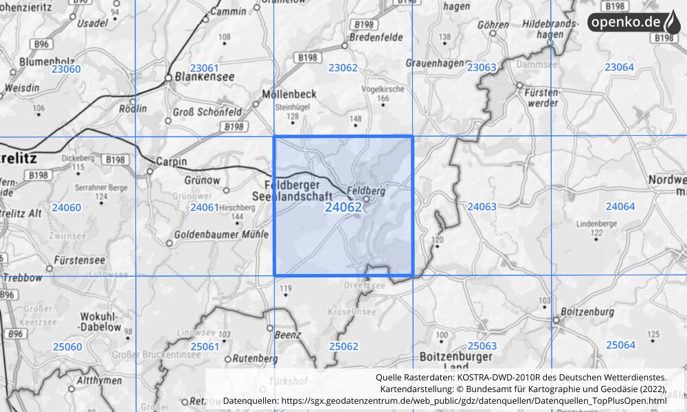 Übersichtskarte KOSTRA-DWD-2010R Rasterfeld Nr. 24062 mit angrenzenden Feldern