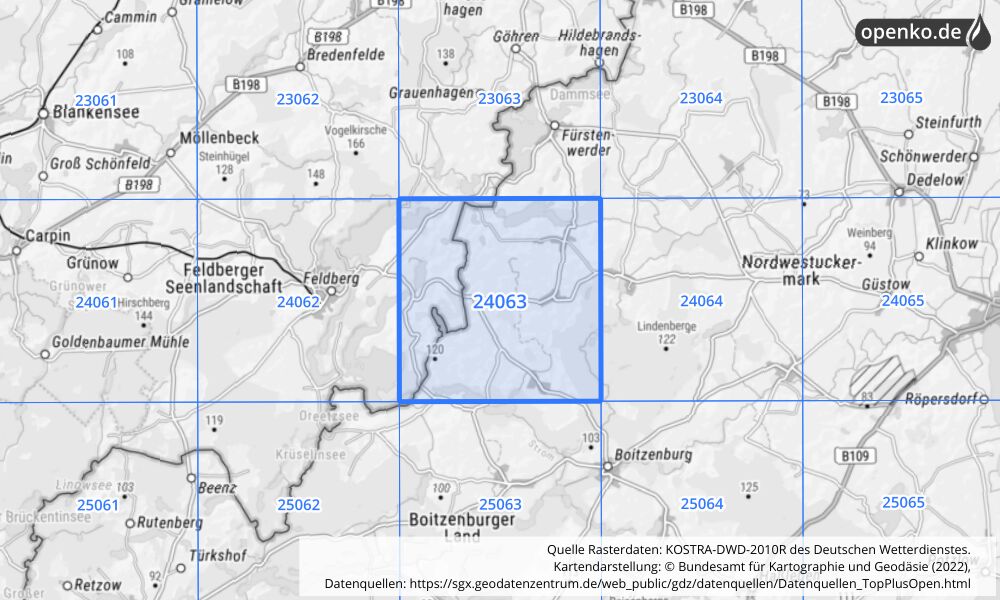 Übersichtskarte KOSTRA-DWD-2010R Rasterfeld Nr. 24063 mit angrenzenden Feldern