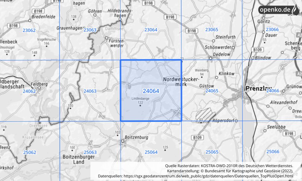 Übersichtskarte KOSTRA-DWD-2010R Rasterfeld Nr. 24064 mit angrenzenden Feldern