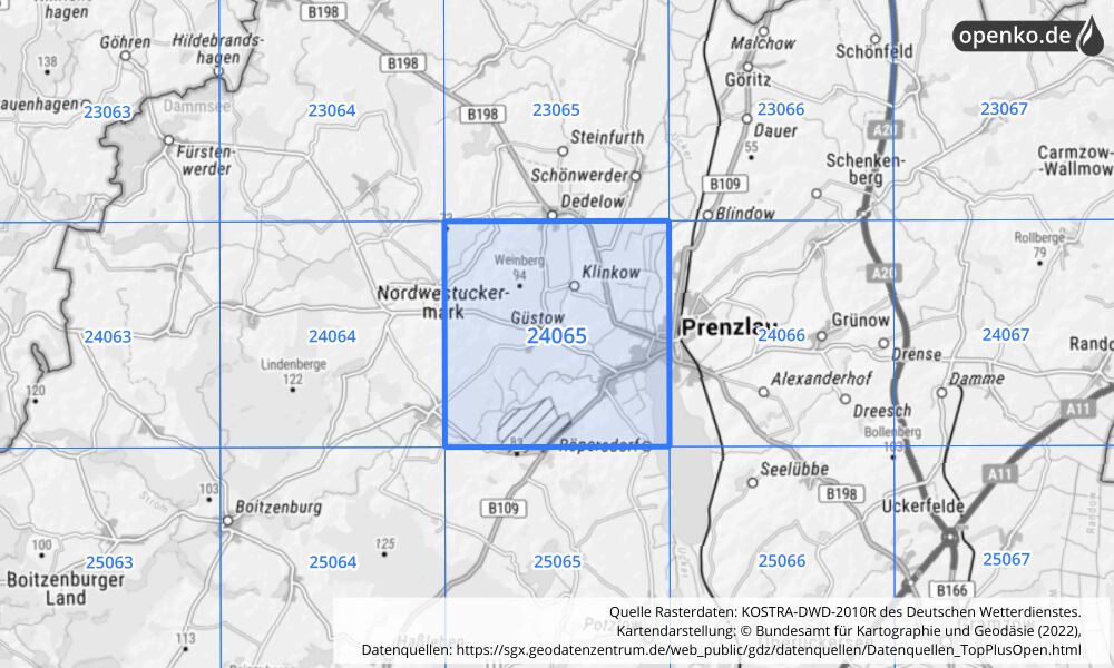 Übersichtskarte KOSTRA-DWD-2010R Rasterfeld Nr. 24065 mit angrenzenden Feldern