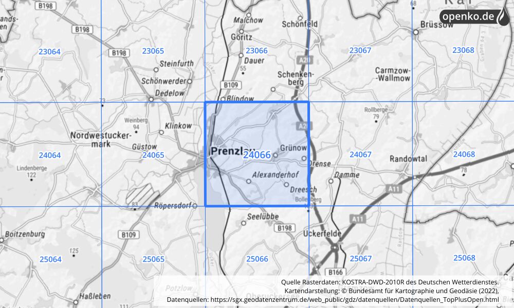 Übersichtskarte KOSTRA-DWD-2010R Rasterfeld Nr. 24066 mit angrenzenden Feldern