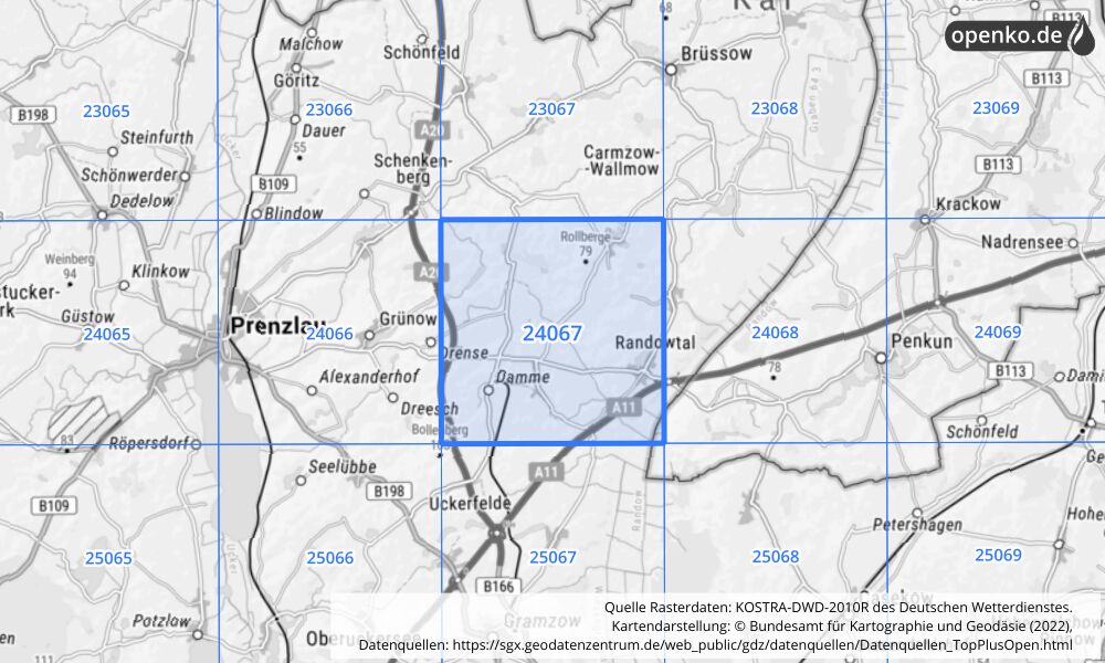 Übersichtskarte KOSTRA-DWD-2010R Rasterfeld Nr. 24067 mit angrenzenden Feldern