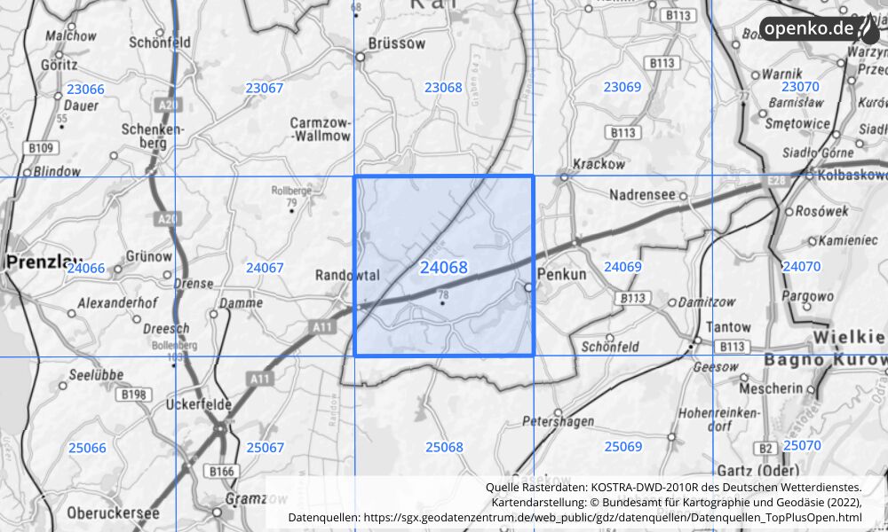 Übersichtskarte KOSTRA-DWD-2010R Rasterfeld Nr. 24068 mit angrenzenden Feldern