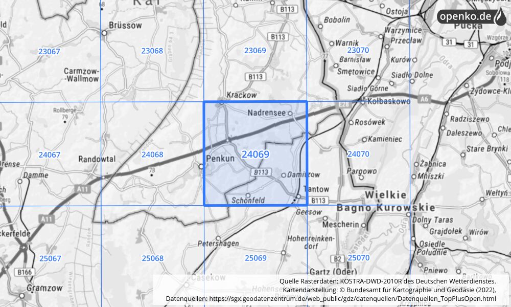 Übersichtskarte KOSTRA-DWD-2010R Rasterfeld Nr. 24069 mit angrenzenden Feldern