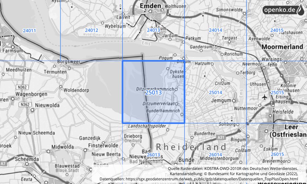 Übersichtskarte KOSTRA-DWD-2010R Rasterfeld Nr. 25013 mit angrenzenden Feldern