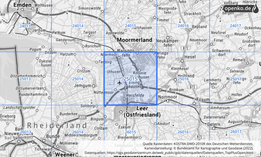 Übersichtskarte KOSTRA-DWD-2010R Rasterfeld Nr. 25015 mit angrenzenden Feldern