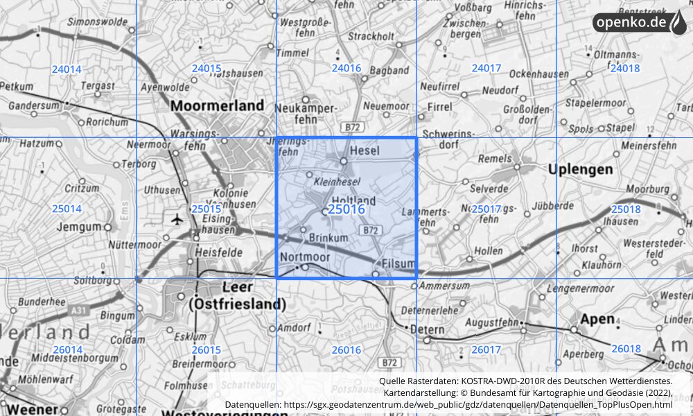 Übersichtskarte KOSTRA-DWD-2010R Rasterfeld Nr. 25016 mit angrenzenden Feldern