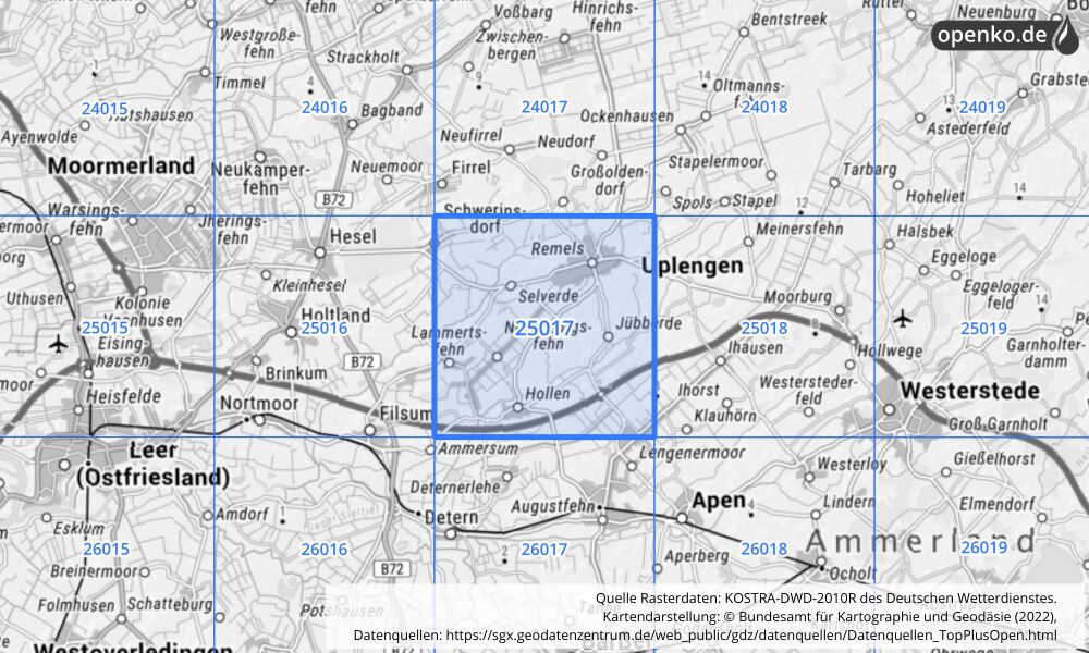 Übersichtskarte KOSTRA-DWD-2010R Rasterfeld Nr. 25017 mit angrenzenden Feldern