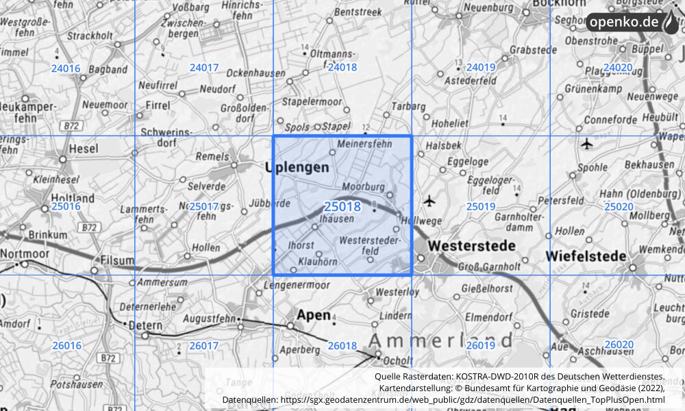 Übersichtskarte KOSTRA-DWD-2010R Rasterfeld Nr. 25018 mit angrenzenden Feldern