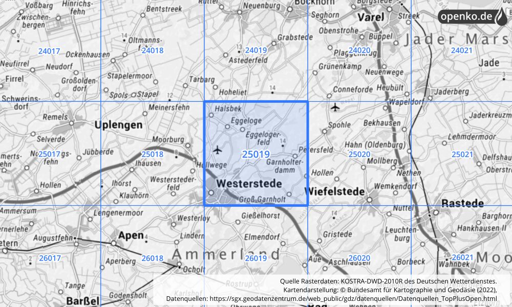 Übersichtskarte KOSTRA-DWD-2010R Rasterfeld Nr. 25019 mit angrenzenden Feldern