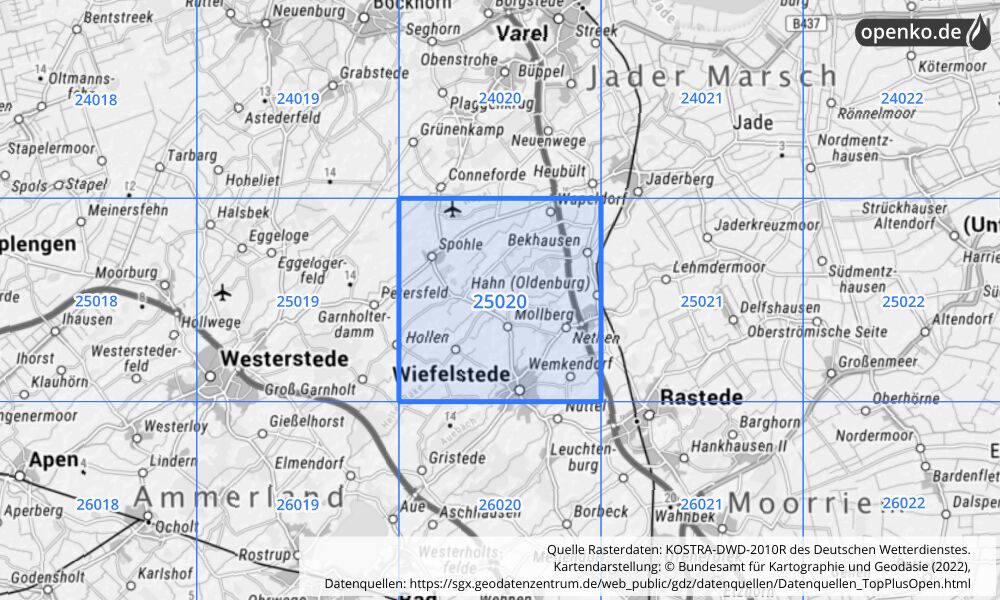 Übersichtskarte KOSTRA-DWD-2010R Rasterfeld Nr. 25020 mit angrenzenden Feldern