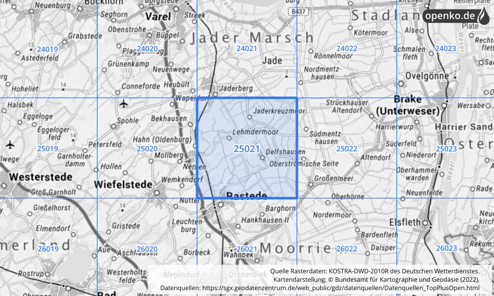 Übersichtskarte KOSTRA-DWD-2010R Rasterfeld Nr. 25021 mit angrenzenden Feldern