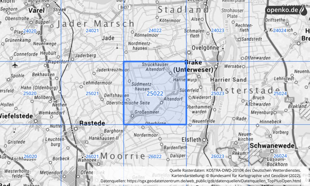 Übersichtskarte KOSTRA-DWD-2010R Rasterfeld Nr. 25022 mit angrenzenden Feldern