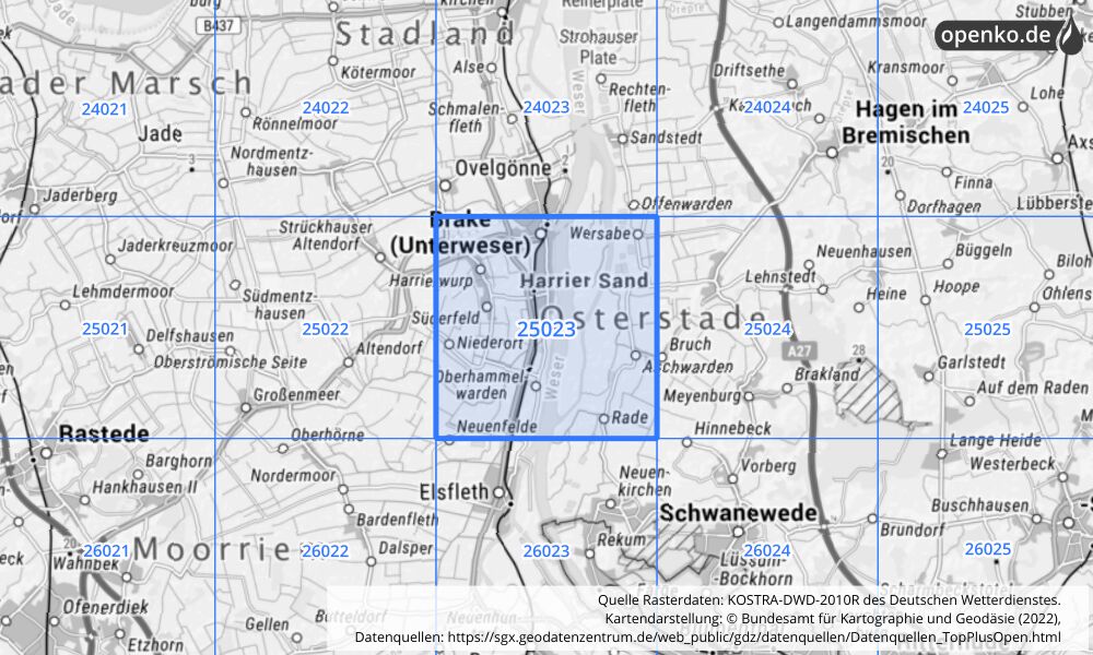 Übersichtskarte KOSTRA-DWD-2010R Rasterfeld Nr. 25023 mit angrenzenden Feldern