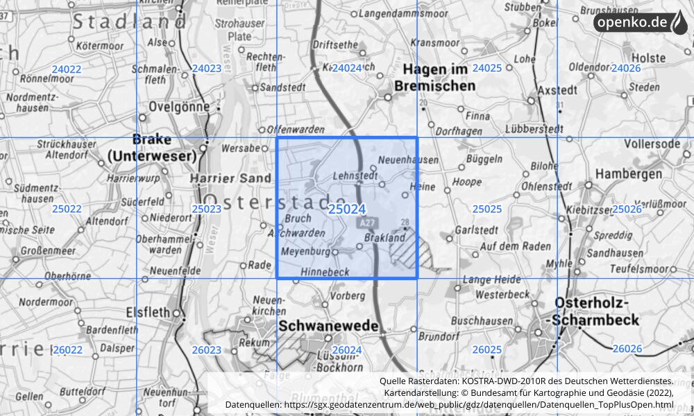 Übersichtskarte KOSTRA-DWD-2010R Rasterfeld Nr. 25024 mit angrenzenden Feldern