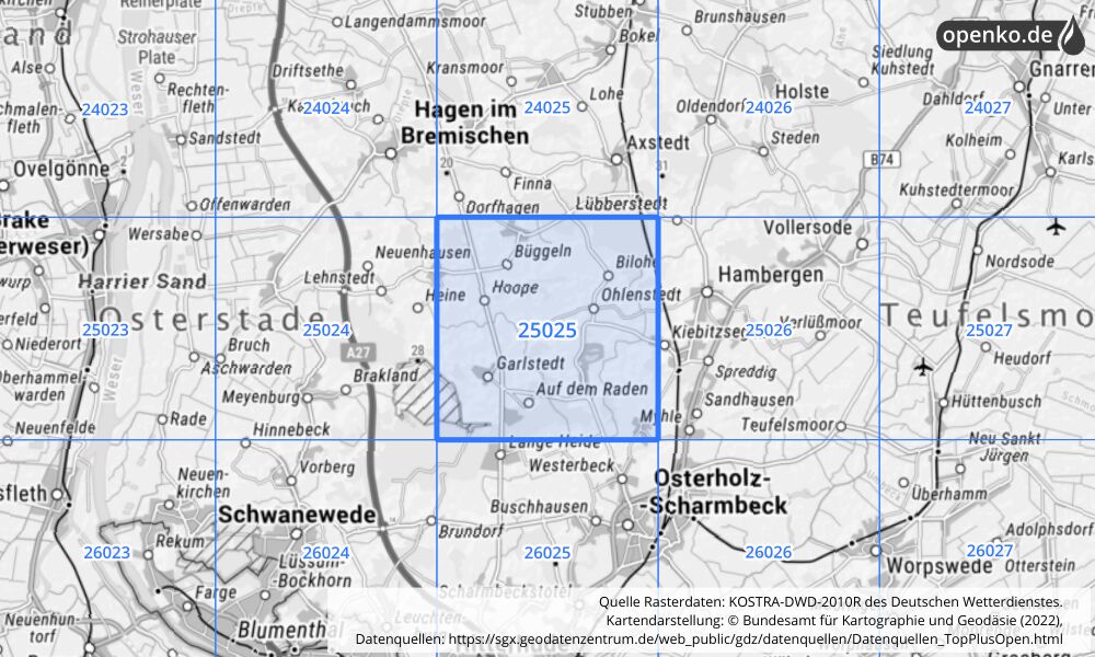 Übersichtskarte KOSTRA-DWD-2010R Rasterfeld Nr. 25025 mit angrenzenden Feldern