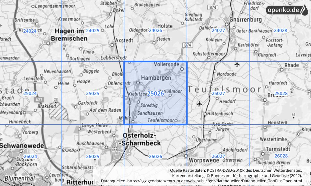 Übersichtskarte KOSTRA-DWD-2010R Rasterfeld Nr. 25026 mit angrenzenden Feldern