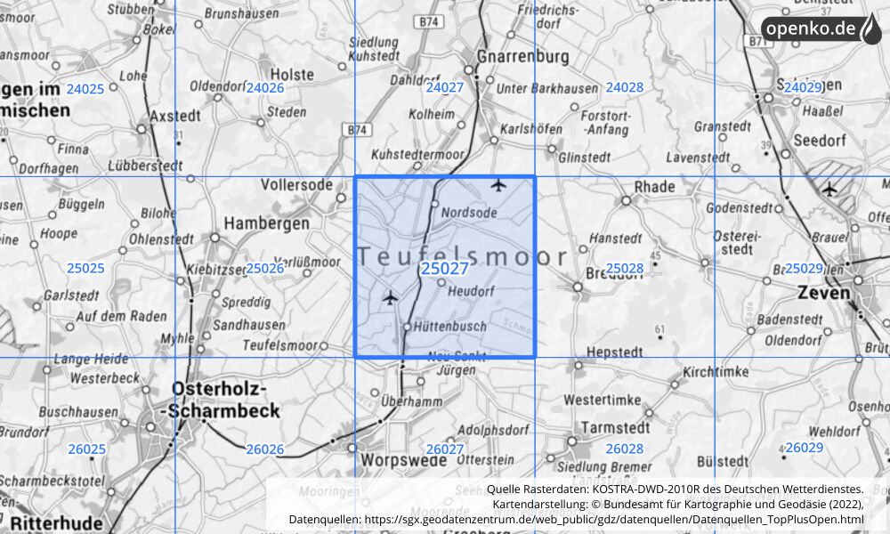 Übersichtskarte KOSTRA-DWD-2010R Rasterfeld Nr. 25027 mit angrenzenden Feldern