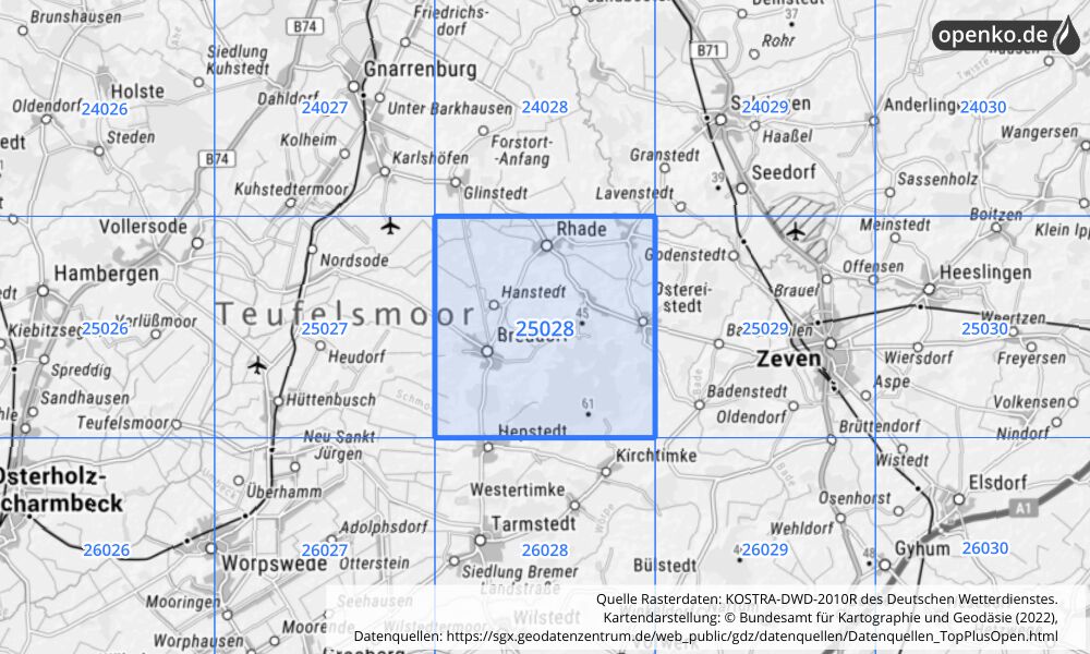 Übersichtskarte KOSTRA-DWD-2010R Rasterfeld Nr. 25028 mit angrenzenden Feldern