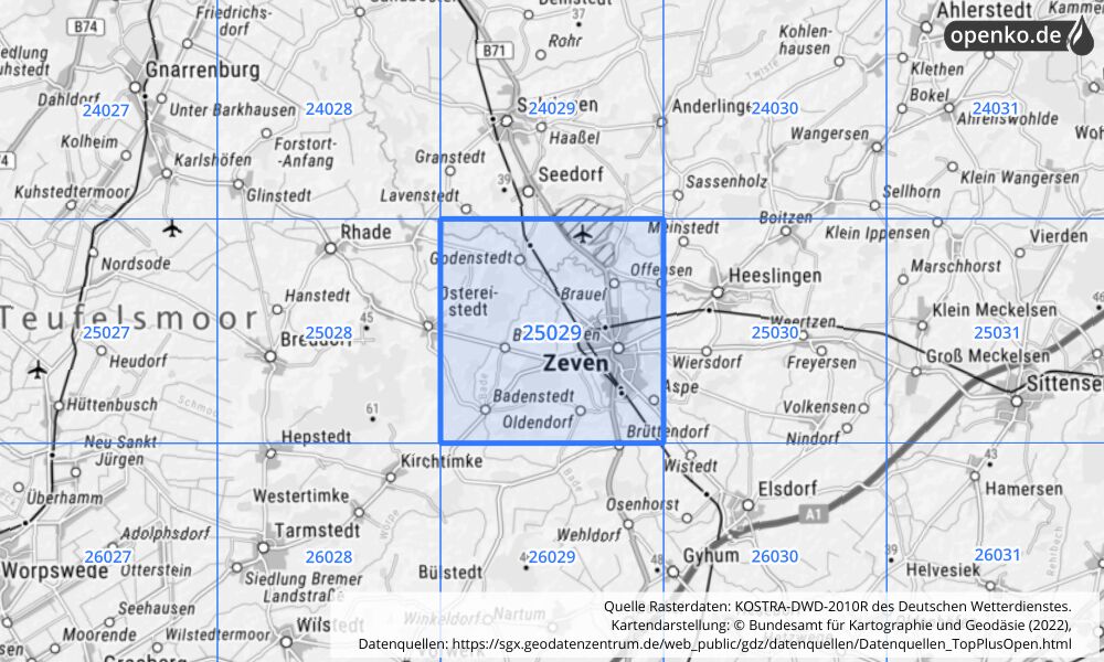 Übersichtskarte KOSTRA-DWD-2010R Rasterfeld Nr. 25029 mit angrenzenden Feldern