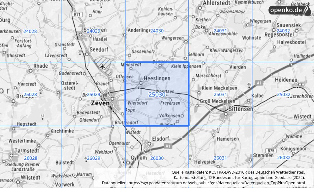 Übersichtskarte KOSTRA-DWD-2010R Rasterfeld Nr. 25030 mit angrenzenden Feldern