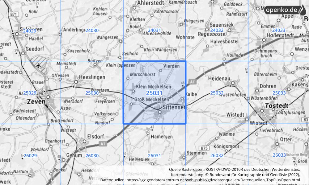 Übersichtskarte KOSTRA-DWD-2010R Rasterfeld Nr. 25031 mit angrenzenden Feldern