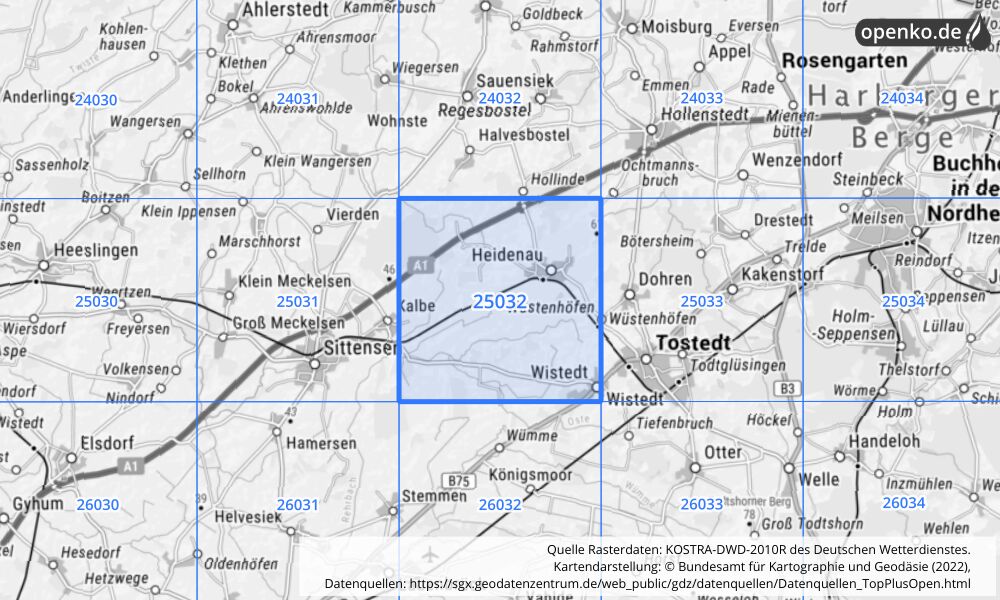 Übersichtskarte KOSTRA-DWD-2010R Rasterfeld Nr. 25032 mit angrenzenden Feldern