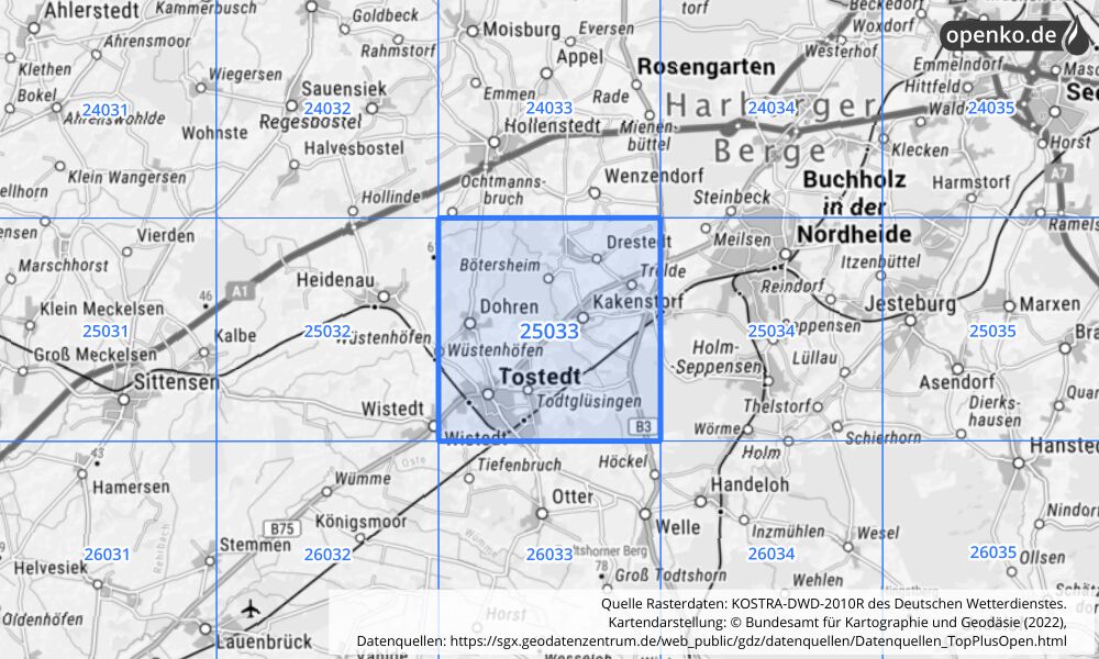 Übersichtskarte KOSTRA-DWD-2010R Rasterfeld Nr. 25033 mit angrenzenden Feldern