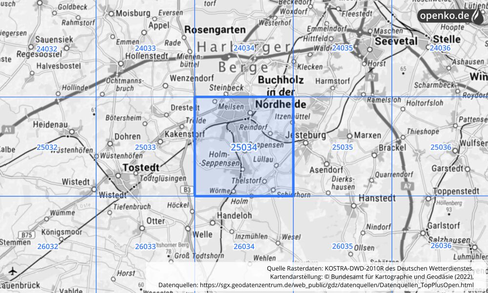 Übersichtskarte KOSTRA-DWD-2010R Rasterfeld Nr. 25034 mit angrenzenden Feldern