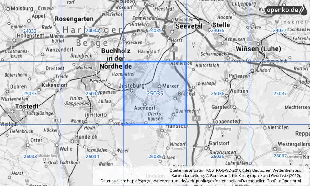 Übersichtskarte KOSTRA-DWD-2010R Rasterfeld Nr. 25035 mit angrenzenden Feldern