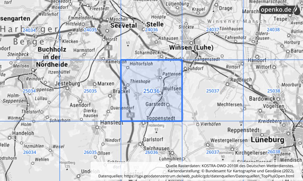 Übersichtskarte KOSTRA-DWD-2010R Rasterfeld Nr. 25036 mit angrenzenden Feldern