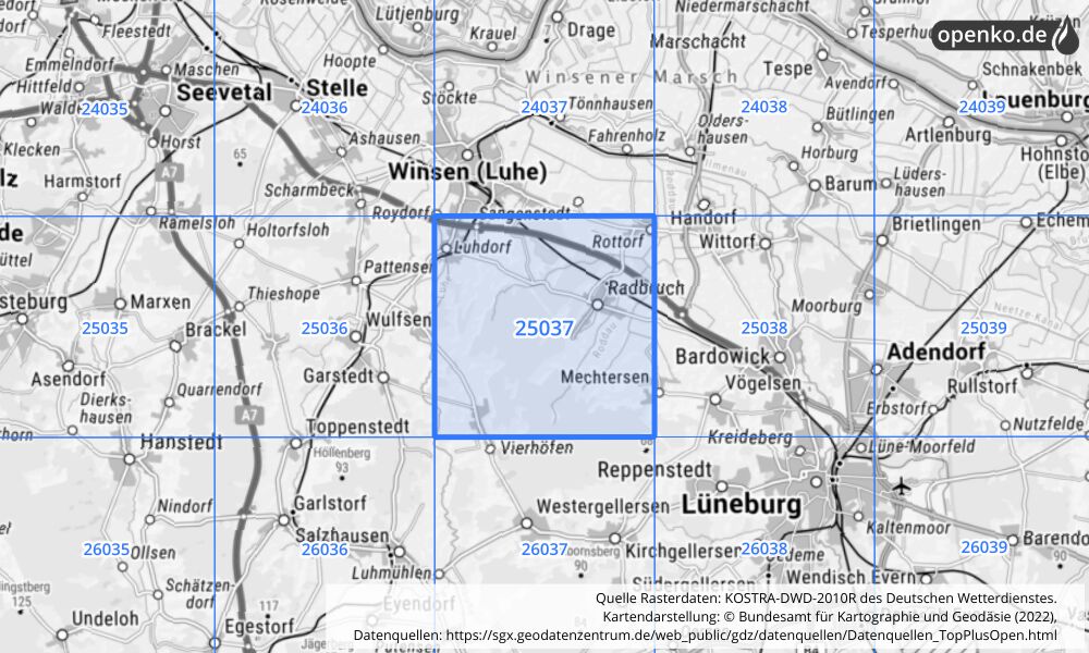 Übersichtskarte KOSTRA-DWD-2010R Rasterfeld Nr. 25037 mit angrenzenden Feldern