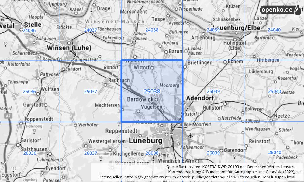 Übersichtskarte KOSTRA-DWD-2010R Rasterfeld Nr. 25038 mit angrenzenden Feldern