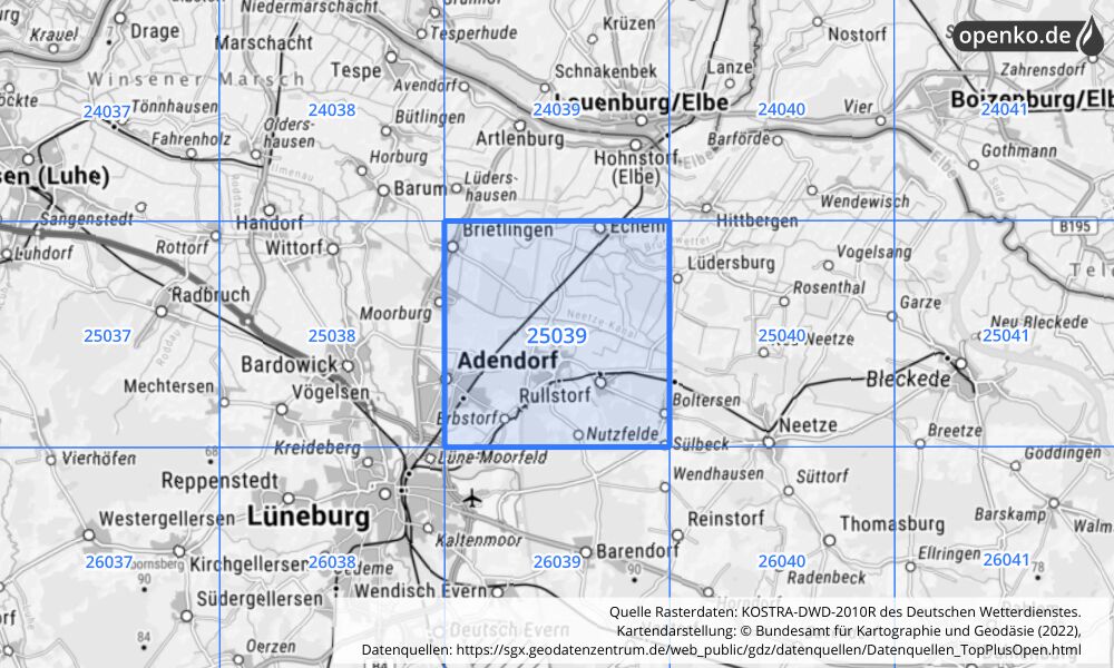 Übersichtskarte KOSTRA-DWD-2010R Rasterfeld Nr. 25039 mit angrenzenden Feldern