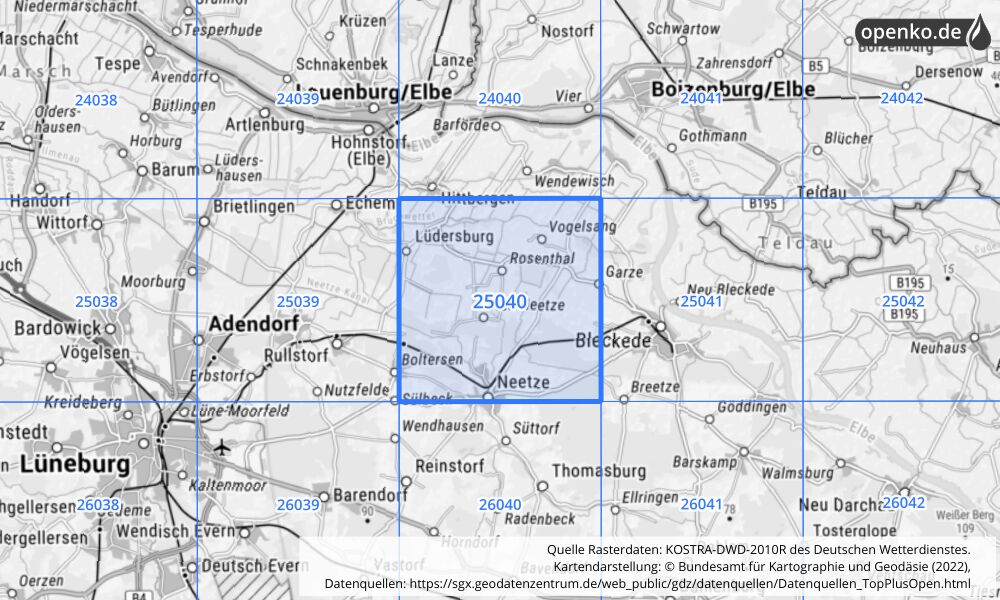 Übersichtskarte KOSTRA-DWD-2010R Rasterfeld Nr. 25040 mit angrenzenden Feldern