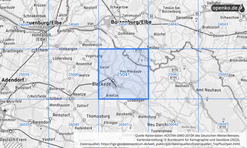 Übersichtskarte KOSTRA-DWD-2010R Rasterfeld Nr. 25041 mit angrenzenden Feldern