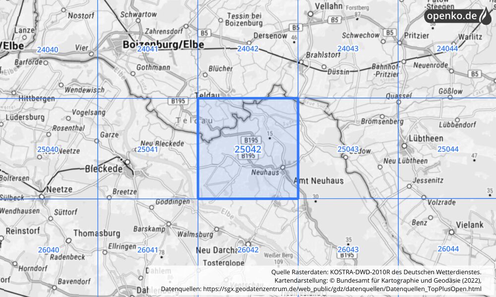 Übersichtskarte KOSTRA-DWD-2010R Rasterfeld Nr. 25042 mit angrenzenden Feldern