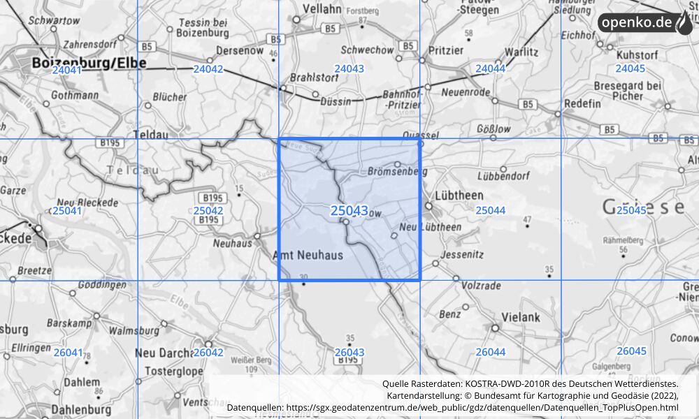 Übersichtskarte KOSTRA-DWD-2010R Rasterfeld Nr. 25043 mit angrenzenden Feldern