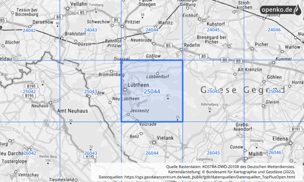 Übersichtskarte KOSTRA-DWD-2010R Rasterfeld Nr. 25044 mit angrenzenden Feldern