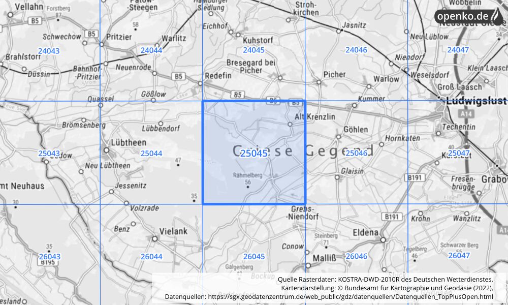 Übersichtskarte KOSTRA-DWD-2010R Rasterfeld Nr. 25045 mit angrenzenden Feldern