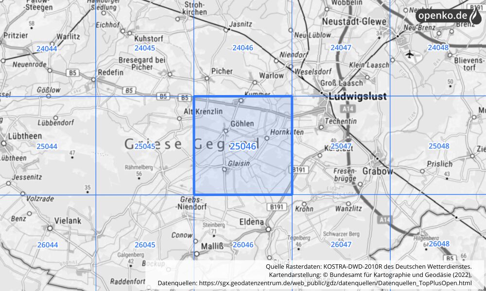 Übersichtskarte KOSTRA-DWD-2010R Rasterfeld Nr. 25046 mit angrenzenden Feldern
