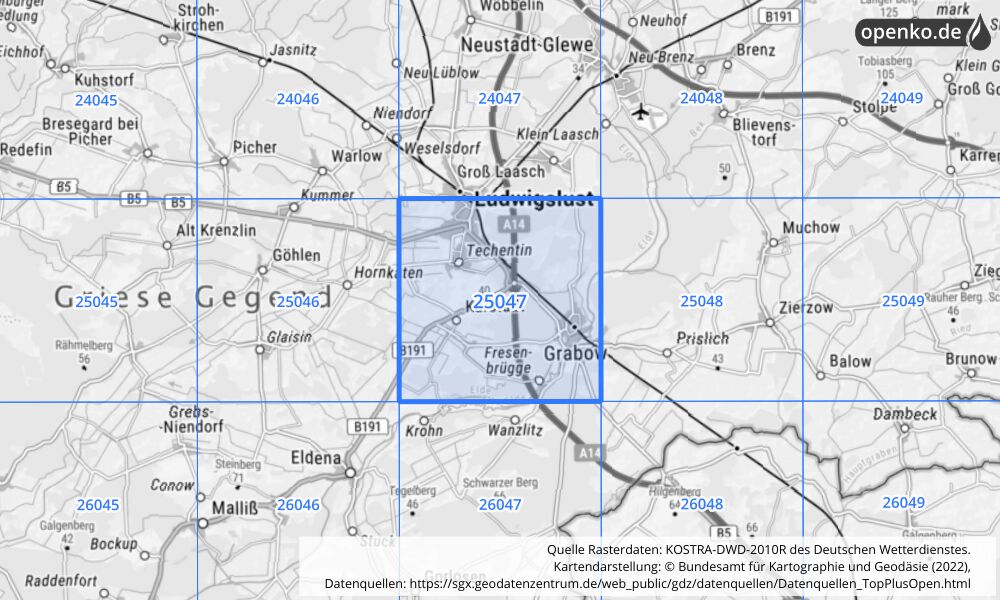 Übersichtskarte KOSTRA-DWD-2010R Rasterfeld Nr. 25047 mit angrenzenden Feldern