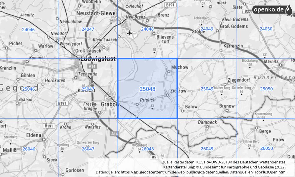 Übersichtskarte KOSTRA-DWD-2010R Rasterfeld Nr. 25048 mit angrenzenden Feldern