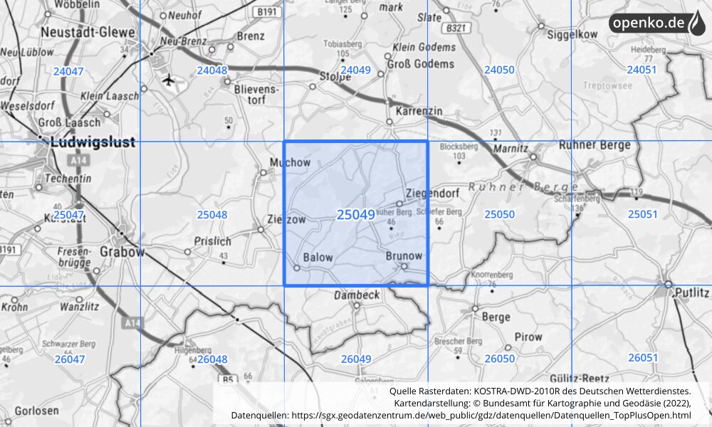 Übersichtskarte KOSTRA-DWD-2010R Rasterfeld Nr. 25049 mit angrenzenden Feldern