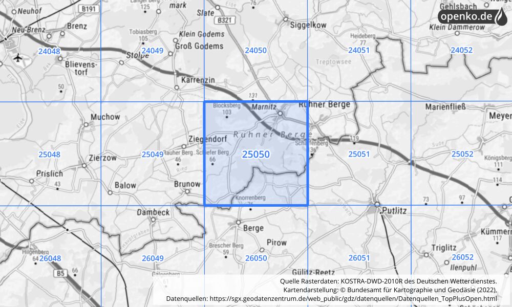 Übersichtskarte KOSTRA-DWD-2010R Rasterfeld Nr. 25050 mit angrenzenden Feldern