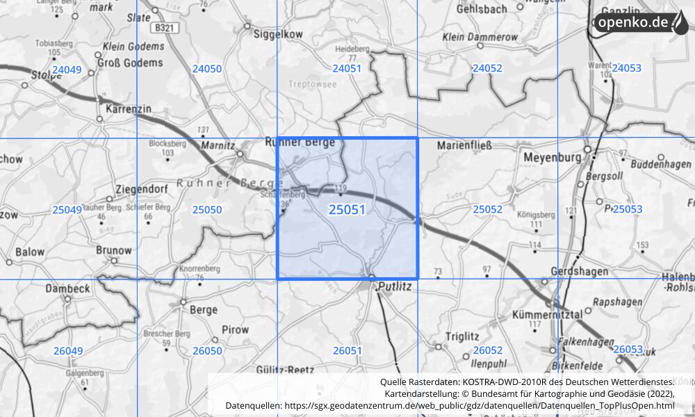 Übersichtskarte KOSTRA-DWD-2010R Rasterfeld Nr. 25051 mit angrenzenden Feldern